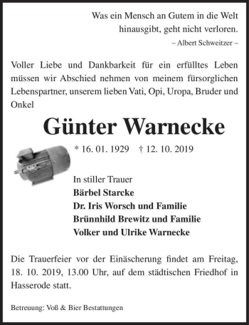 Traueranzeige von Günter Warnecke  von Magdeburger Volksstimme