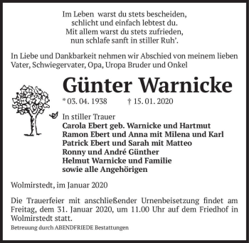Traueranzeige von Günter Warnicke  von Magdeburger Volksstimme