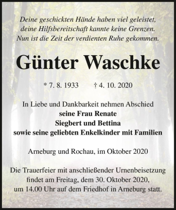 Traueranzeige von Günter Waschke  von Magdeburger Volksstimme