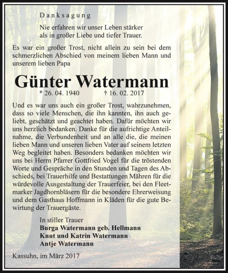  Traueranzeige für Günter Watermann  vom 18.03.2017 aus Magdeburger Volksstimme