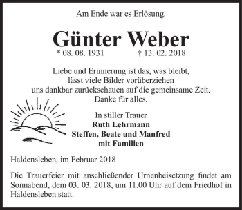 Traueranzeige von Günter Weber  von Magdeburger Volksstimme