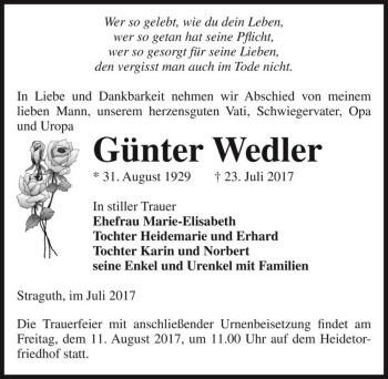 Traueranzeige von Günter Wedler  von Magdeburger Volksstimme