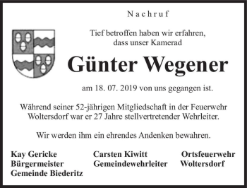Traueranzeige von Günter Wegener  von Magdeburger Volksstimme