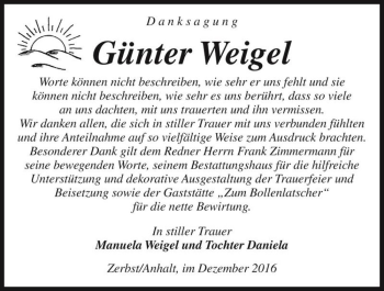 Traueranzeige von Günter Weigel  von Magdeburger Volksstimme