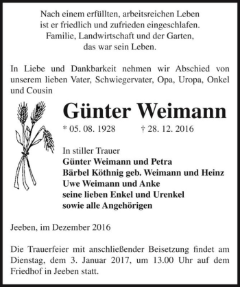 Traueranzeige von Günter Weimann  von Magdeburger Volksstimme