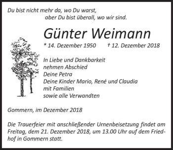 Traueranzeige von Günter Weimann  von Magdeburger Volksstimme