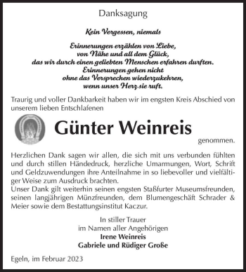 Traueranzeige von Günter Weinreis  von Magdeburger Volksstimme