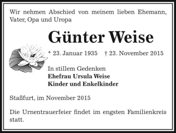 Traueranzeige von Günter Weise  von Magdeburger Volksstimme