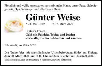Traueranzeige von Günter Weise  von Magdeburger Volksstimme