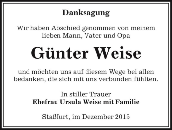 Traueranzeige von Günter Weise  von Magdeburger Volksstimme