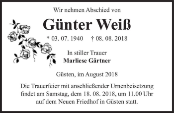 Traueranzeige von Günter Weiß  von Magdeburger Volksstimme