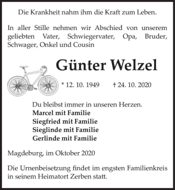 Traueranzeige von Günter Welzel  von Magdeburger Volksstimme