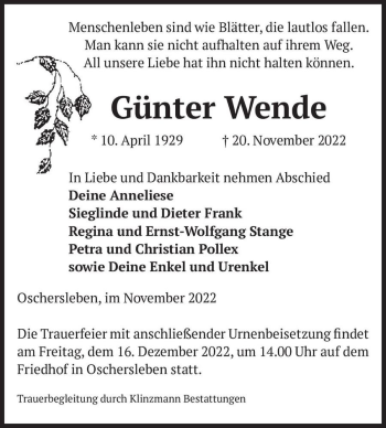 Traueranzeige von Günter Wende  von Magdeburger Volksstimme