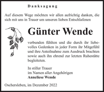 Traueranzeige von Günter Wende  von Magdeburger Volksstimme