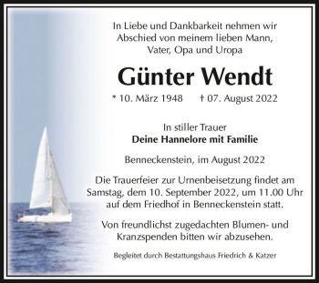 Traueranzeige von Günter Wendt  von Magdeburger Volksstimme