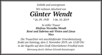 Traueranzeige von Günter Wendt  von Magdeburger Volksstimme