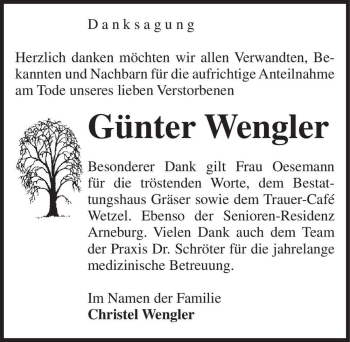 Traueranzeige von Günter Wengler  von Magdeburger Volksstimme