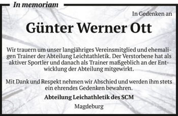 Traueranzeige von Günter Werner Ott  von Magdeburger Volksstimme