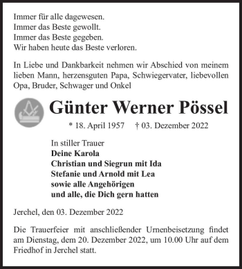 Traueranzeige von Günter Werner Pössel  von Magdeburger Volksstimme