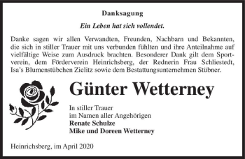 Traueranzeige von Günter Wetterney  von Magdeburger Volksstimme