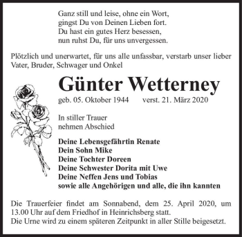 Traueranzeige von Günter Wetterney  von Magdeburger Volksstimme