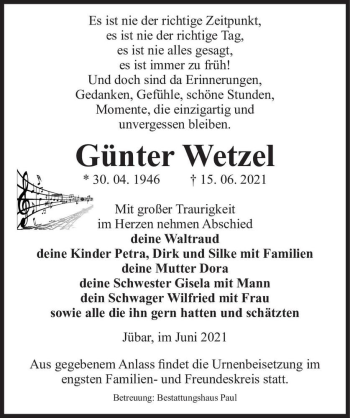 Traueranzeige von Günter Wetzel  von Magdeburger Volksstimme