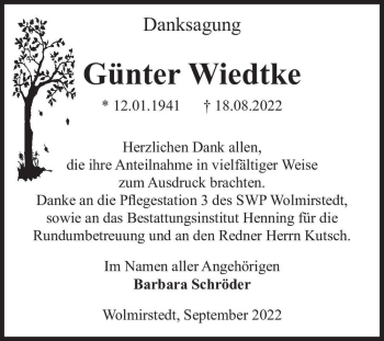 Traueranzeige von Günter Wiedtke  von Magdeburger Volksstimme