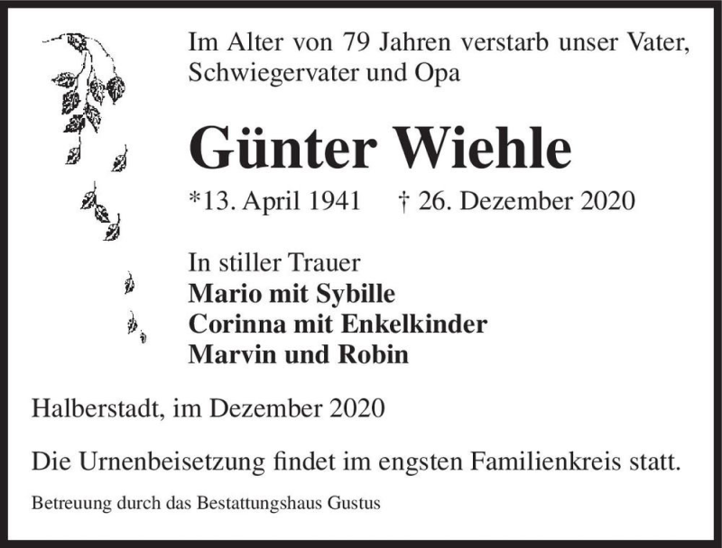  Traueranzeige für Günter Wiehle  vom 02.01.2021 aus Magdeburger Volksstimme