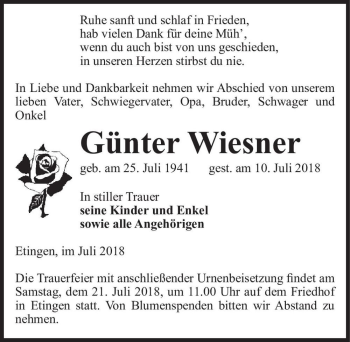 Traueranzeige von Günter Wiesner  von Magdeburger Volksstimme