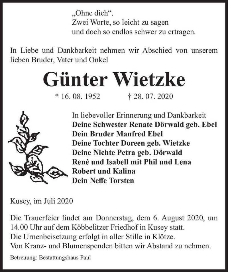  Traueranzeige für Günter Wietzke  vom 04.08.2020 aus Magdeburger Volksstimme