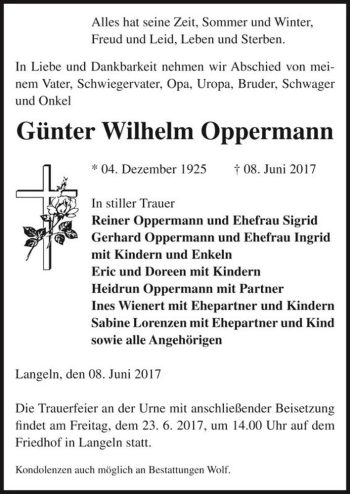 Traueranzeige von Günter Wilhelm Oppermann  von Magdeburger Volksstimme