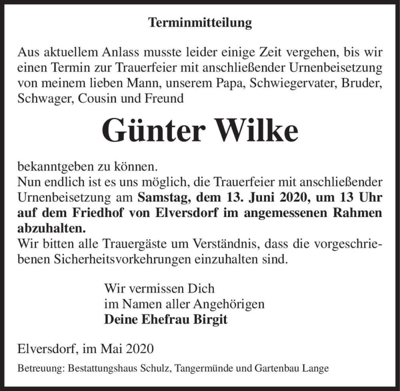  Traueranzeige für Günter Wilke  vom 30.05.2020 aus Magdeburger Volksstimme