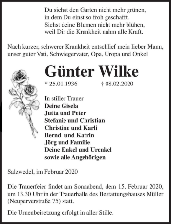 Traueranzeige von Günter Wilke  von Magdeburger Volksstimme