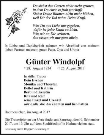 Traueranzeige von Günter Windolpf  von Magdeburger Volksstimme