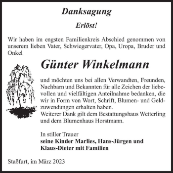 Traueranzeige von Günter Winkelmann  von Magdeburger Volksstimme