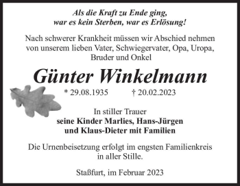 Traueranzeige von Günter Winkelmann  von Magdeburger Volksstimme