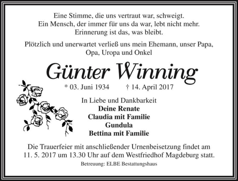  Traueranzeige für Günter Winning  vom 29.04.2017 aus Magdeburger Volksstimme