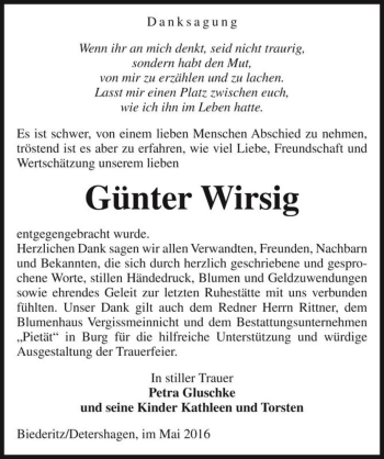 Traueranzeige von Günter Wirsig  von Magdeburger Volksstimme