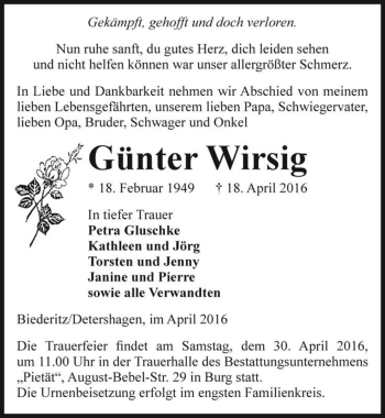 Traueranzeige von Günter Wirsig  von Magdeburger Volksstimme