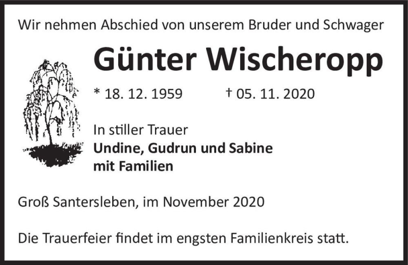  Traueranzeige für Günter Wischeropp  vom 14.11.2020 aus Magdeburger Volksstimme