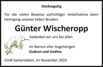Traueranzeige von Günter Wischeropp  von Magdeburger Volksstimme