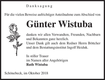 Traueranzeige von Günter Wistuba  von Magdeburger Volksstimme