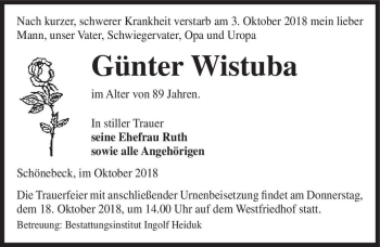 Traueranzeige von Günter Wistuba  von Magdeburger Volksstimme