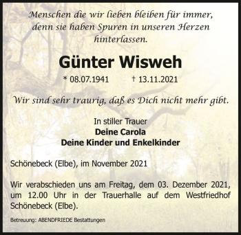 Traueranzeige von Günter Wisweh  von Magdeburger Volksstimme