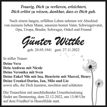 Traueranzeige von Günter Wittke  von Magdeburger Volksstimme