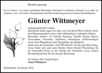 Traueranzeige von Günter Wittmeyer  von Magdeburger Volksstimme