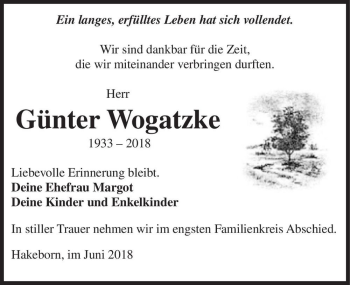 Traueranzeige von Günter Wogatzke  von Magdeburger Volksstimme