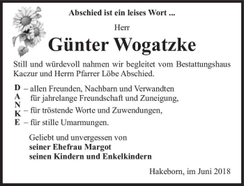 Traueranzeige von Günter Wogatzke  von Magdeburger Volksstimme