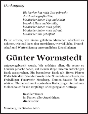 Traueranzeige von Günter Wormstedt  von Magdeburger Volksstimme
