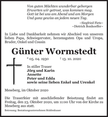 Traueranzeige von Günter Wormstedt  von Magdeburger Volksstimme